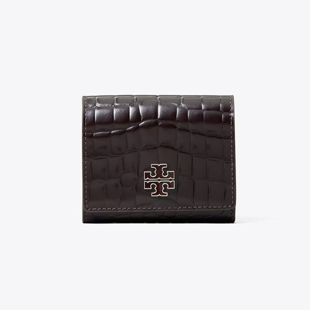 New‼️Tory Burch Britten Shiny Embossed Compact Wallet 182575 AMARANTH $230
